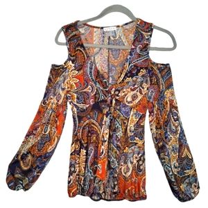 VENUS Paisley Floral Neutral Cold Shoulder V Neck BoHo Tie Front Blouse Size XS